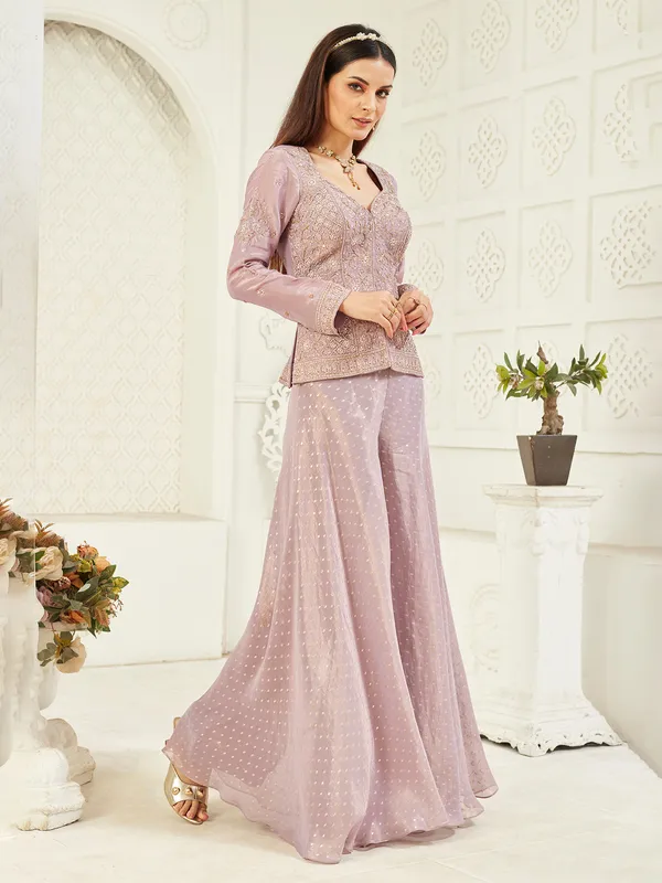 Lilac purple organza palazzo suit with aabla and thread