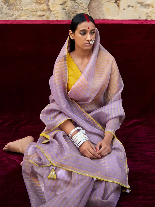 Lilac purple organza zari weaving saree