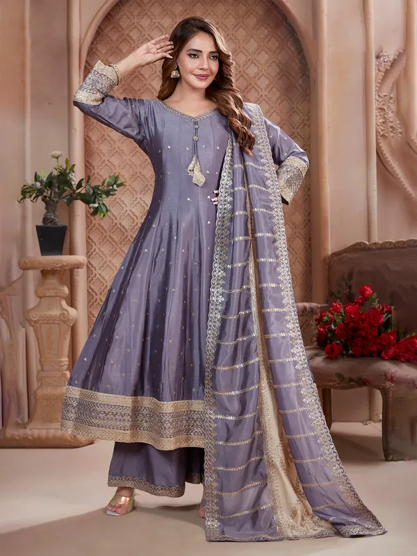 Lilac purple palazzo suit with resham work