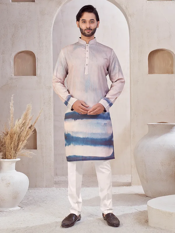 Lilac purple printed cotton kurta suit for men