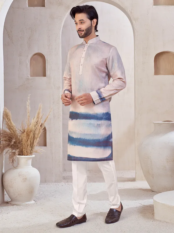 Lilac purple printed cotton kurta suit for men