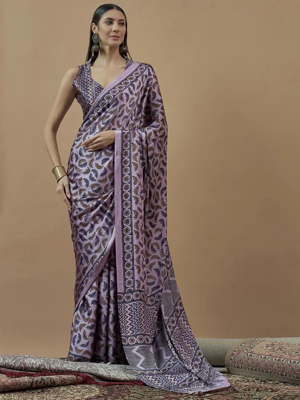 Lilac purple printed japan satin saree for festival