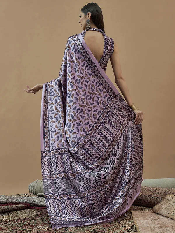 Lilac purple printed japan satin saree for festival