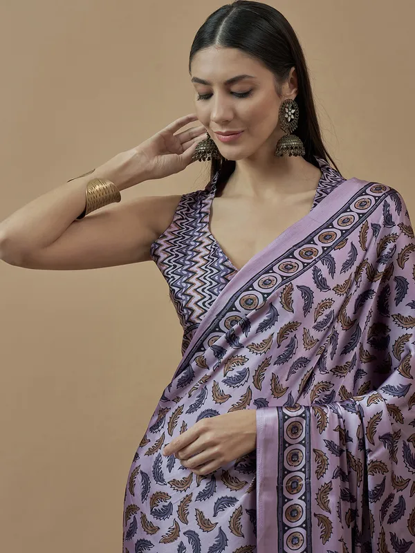 Lilac purple printed japan satin saree for festival