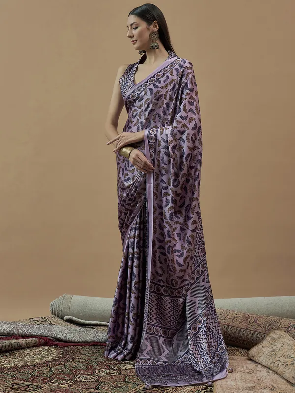 Lilac purple printed japan satin saree for festival