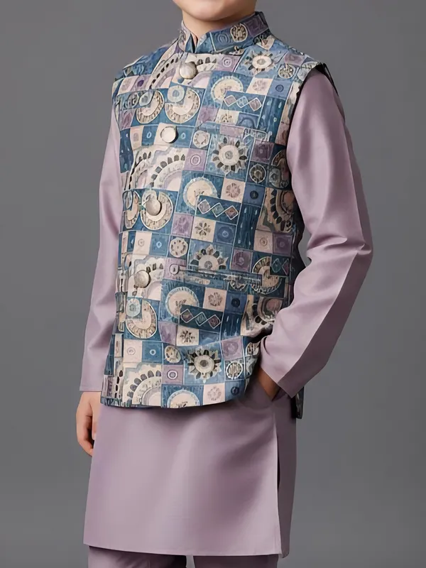 Lilac purple printed semi silk waistcoat set