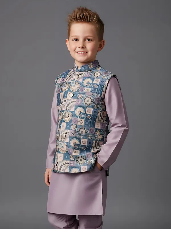 Lilac purple printed semi silk waistcoat set