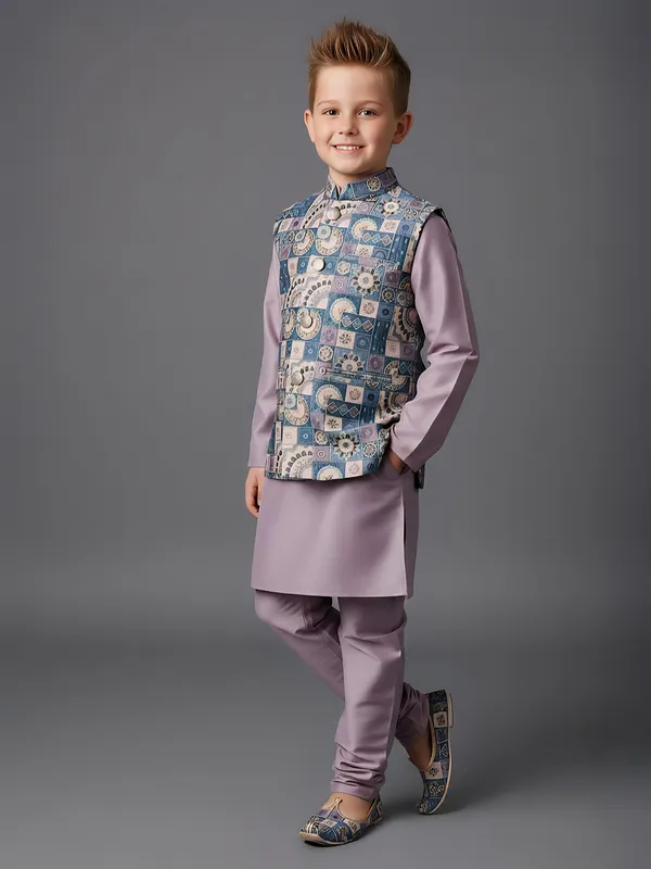 Lilac purple printed semi silk waistcoat set