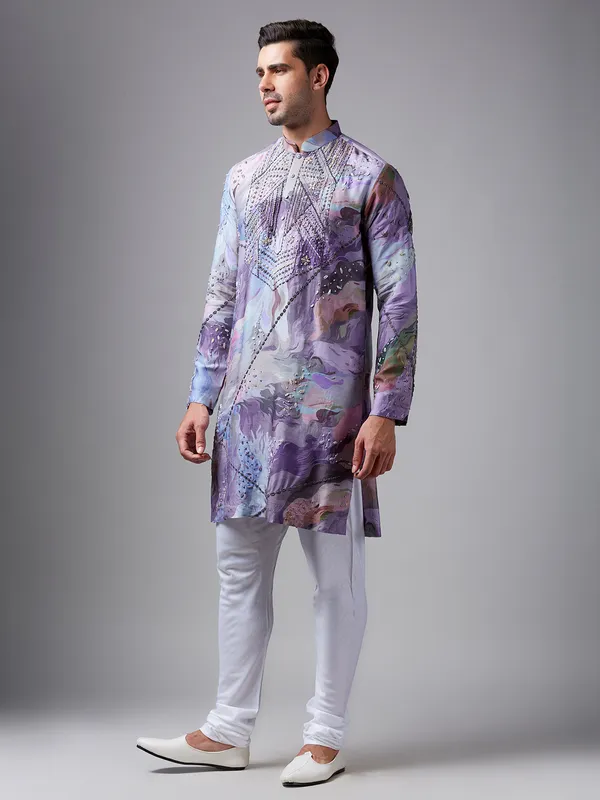 Lilac purple printed silk  Men Kurta pajama for festive