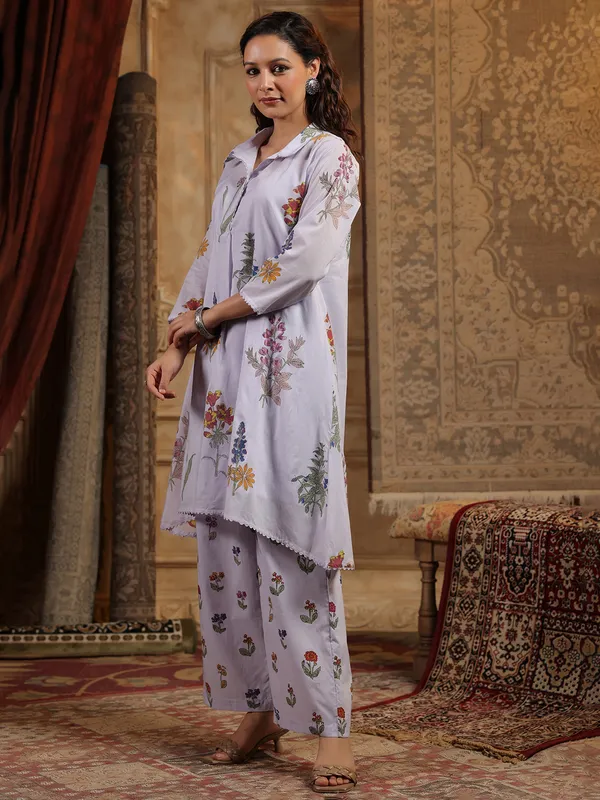 Lilac purple printed silk kurti set for women
