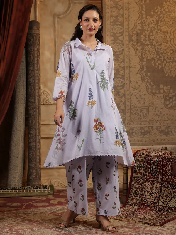 Lilac purple printed silk kurti set for women