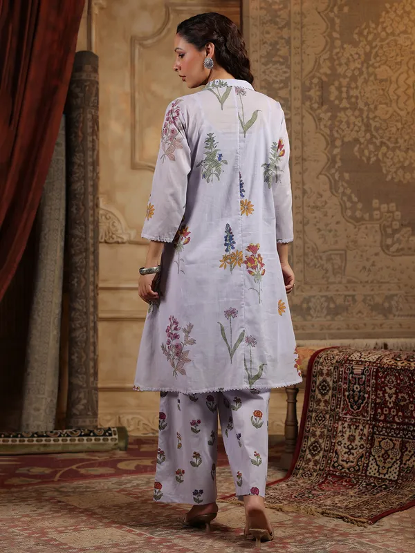 Lilac purple printed silk kurti set for women