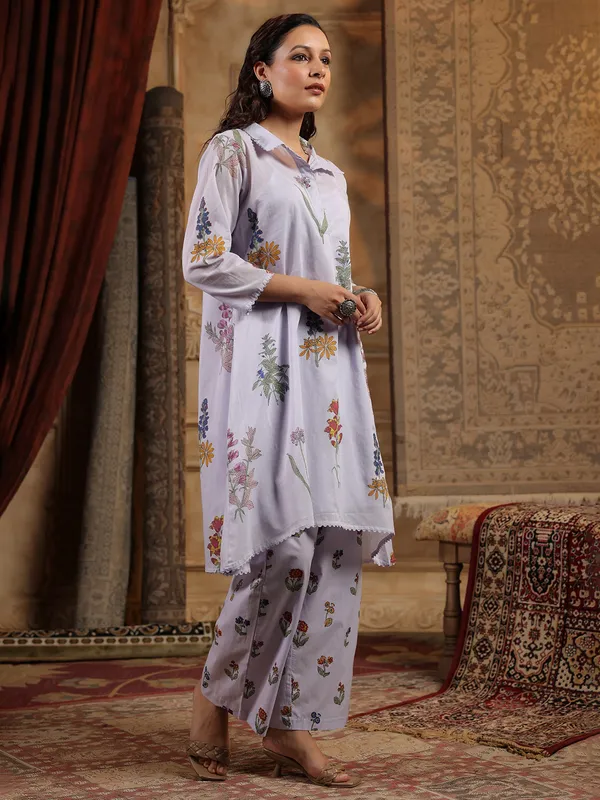 Lilac purple printed silk kurti set for women