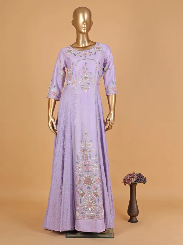 Lilac purple raw silk floor-length suit