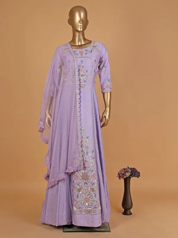 Lilac purple raw silk floor-length suit