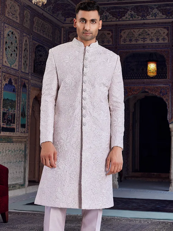 Lilac purple royal raw silk indo western for men