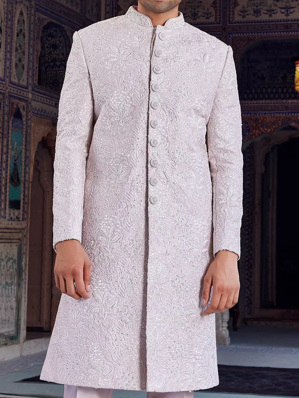 Lilac purple royal raw silk indo western for men