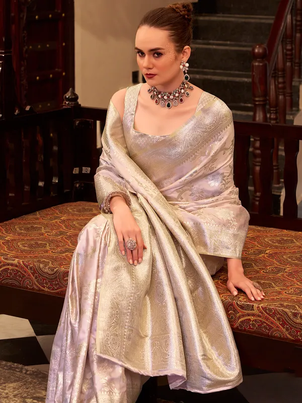 Lilac purple saree in soft satin silk