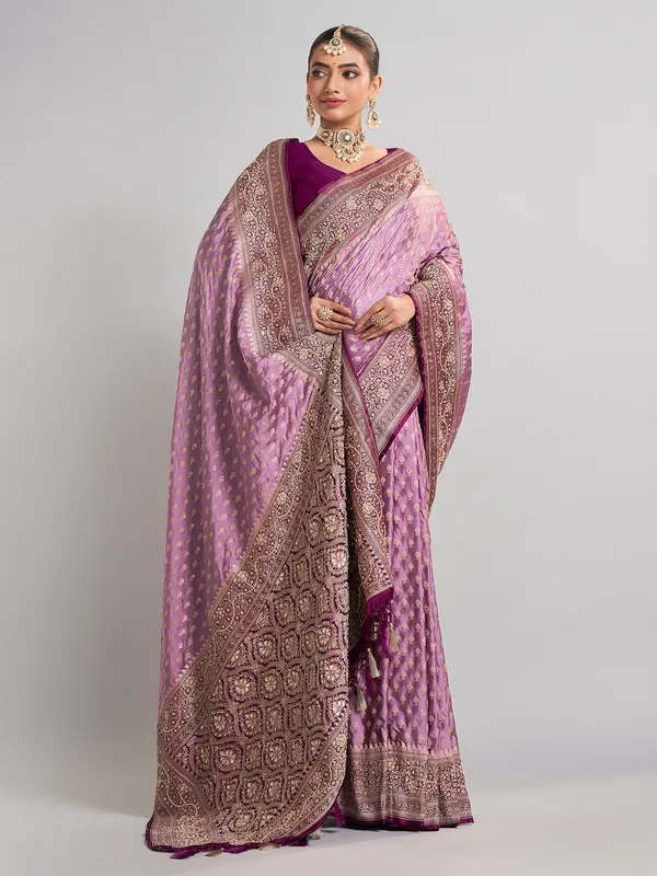 Lilac purple satin silk saree with embellished contrast border