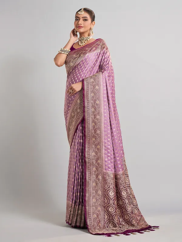 Lilac purple satin silk saree with embellished contrast border