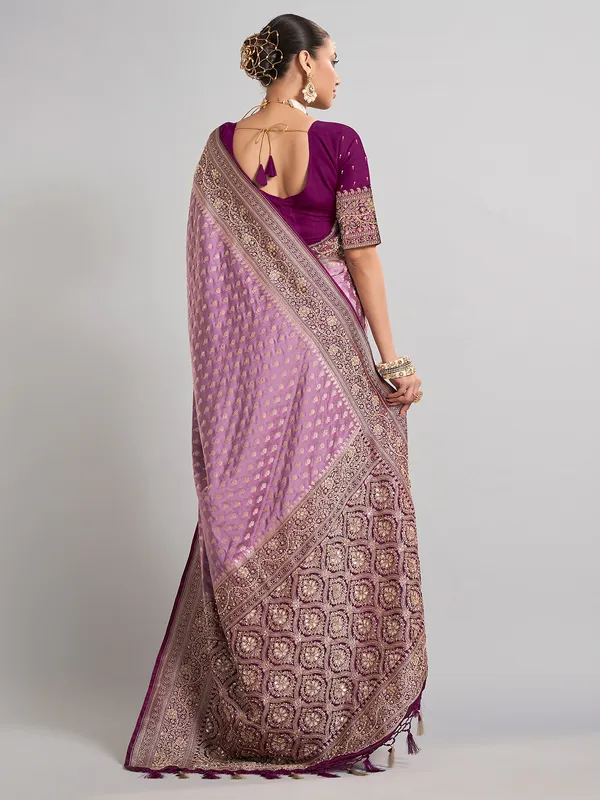 Lilac purple satin silk saree with embellished contrast border