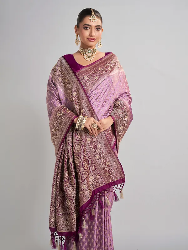 Lilac purple satin silk saree with embellished contrast border