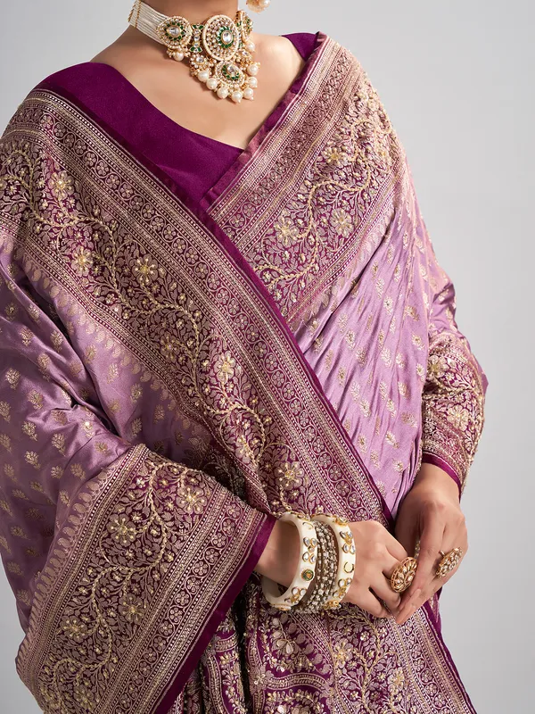 Lilac purple satin silk saree with embellished contrast border