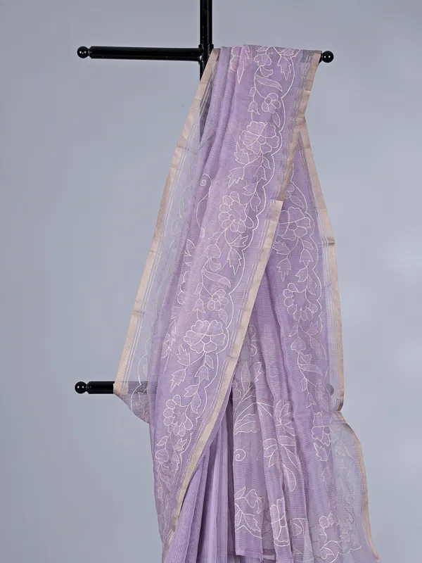 Lilac purple semi organza saree with exquisite embroidery detailing