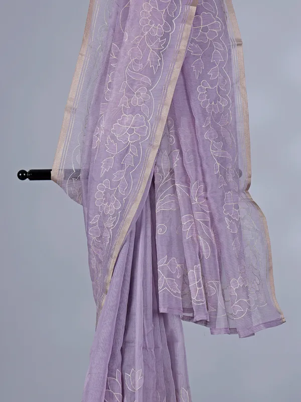 Lilac purple semi organza saree with exquisite embroidery detailing