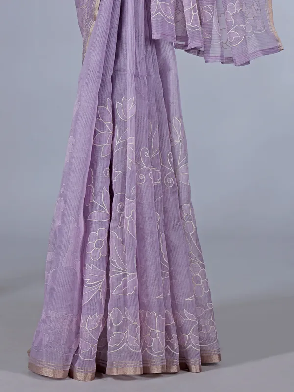 Lilac purple semi organza saree with exquisite embroidery detailing