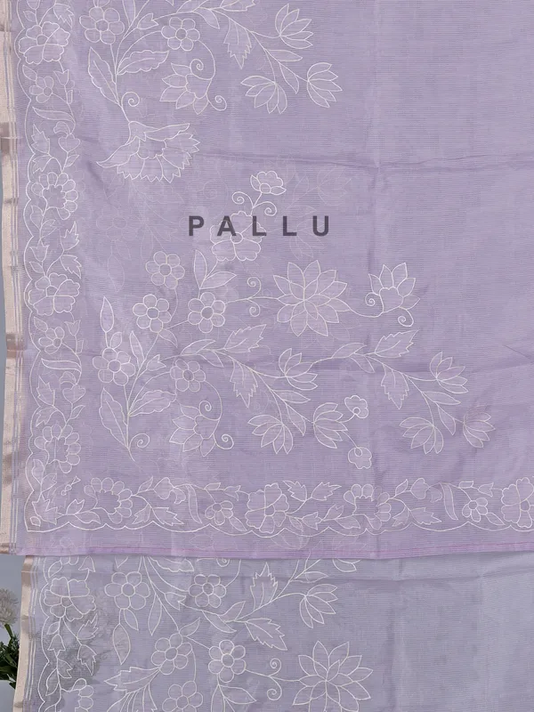Lilac purple semi organza saree with exquisite embroidery detailing