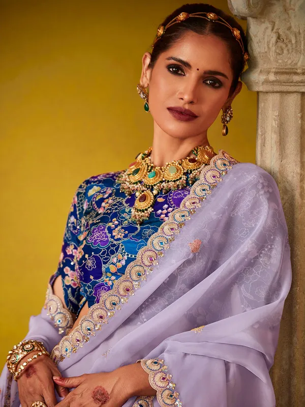 Lilac purple sequins work georgette saree