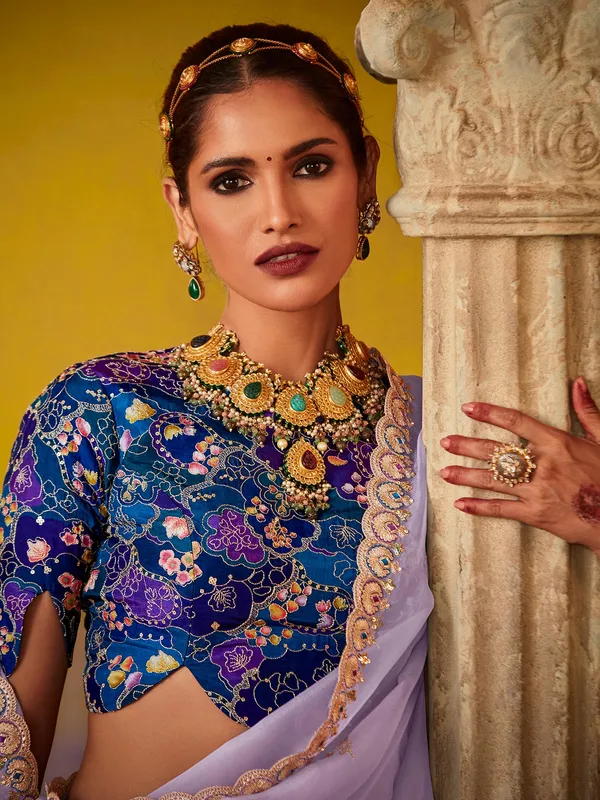 Lilac purple sequins work georgette saree