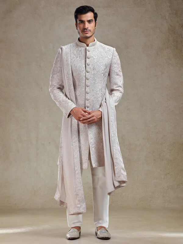 Lilac purple sherwani in rich embroidery