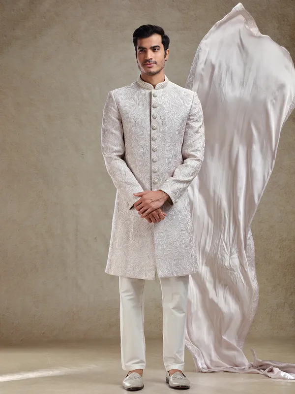 Lilac purple sherwani in rich embroidery