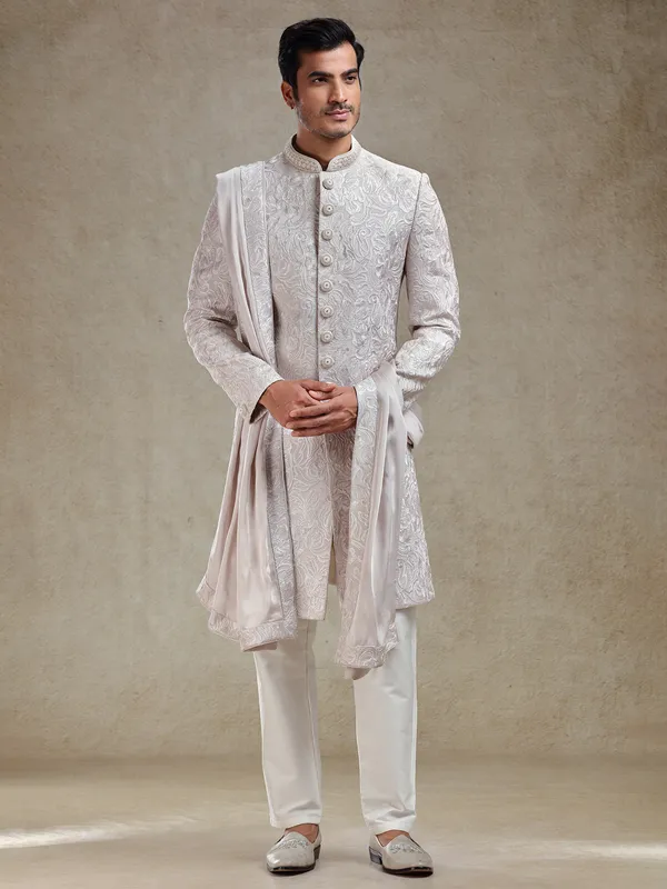 Lilac purple sherwani in rich embroidery