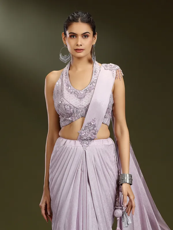 Lilac purple silk designer ready to wear saree