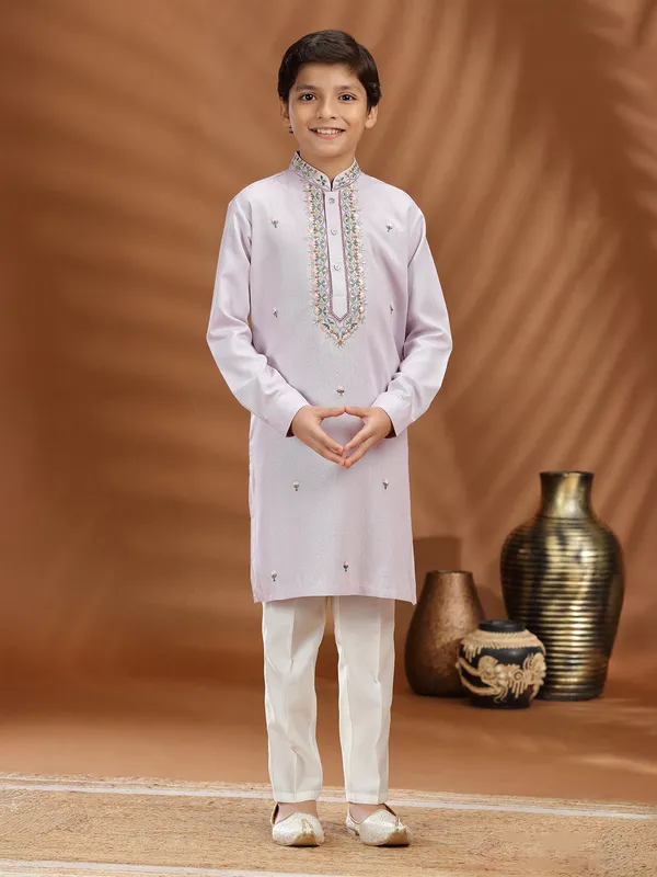 Lilac purple silk embroidered kurta suit