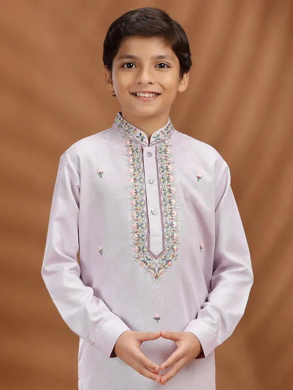 Lilac purple silk embroidered kurta suit