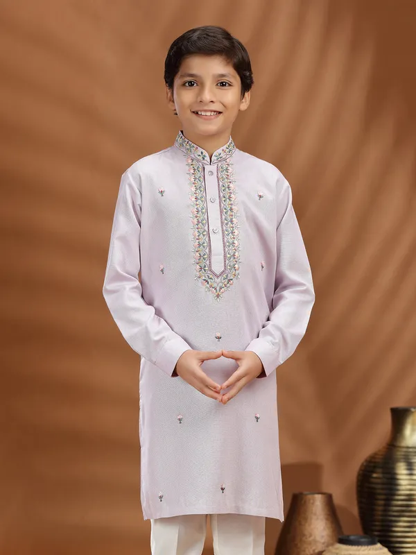 Lilac purple silk embroidered kurta suit