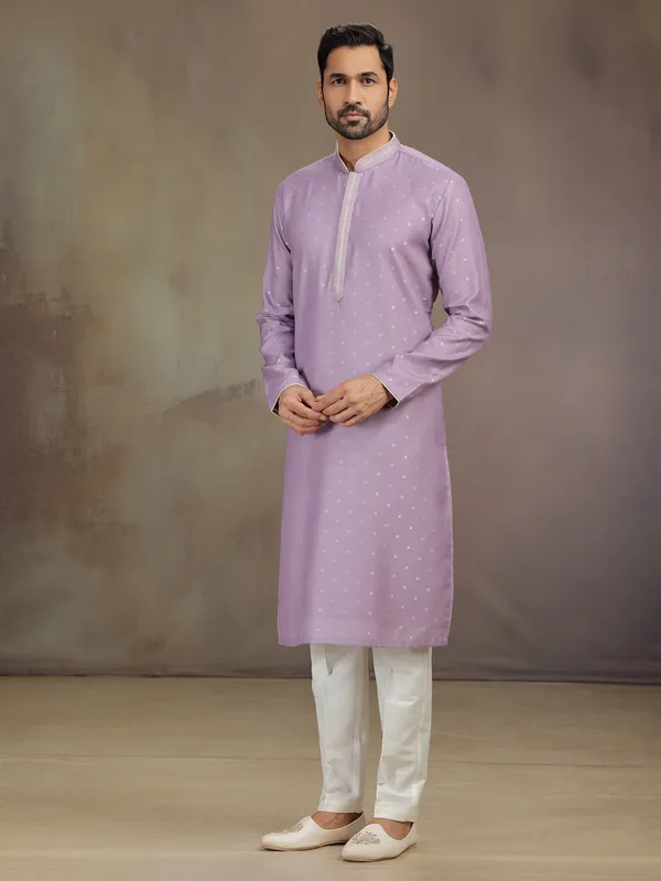 Lilac purple silk kurta pajama with zari work