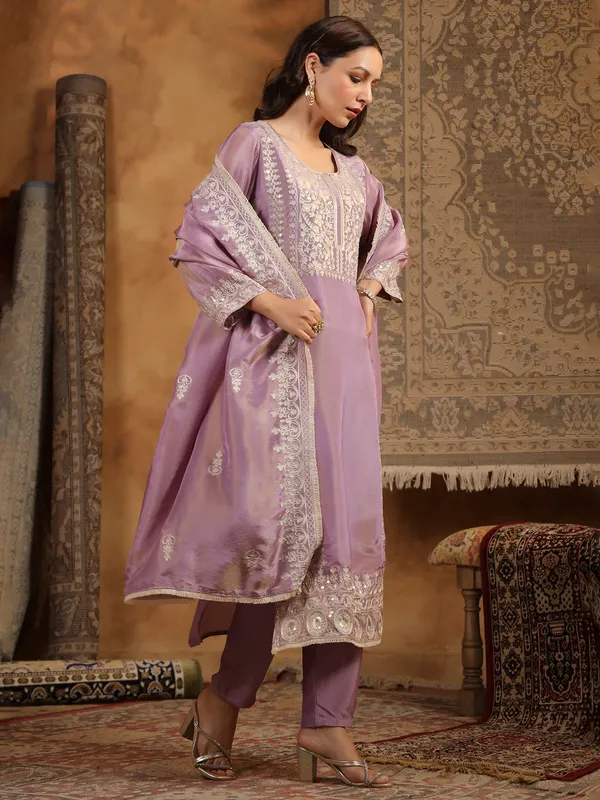 Lilac purple silk kurti set for festival