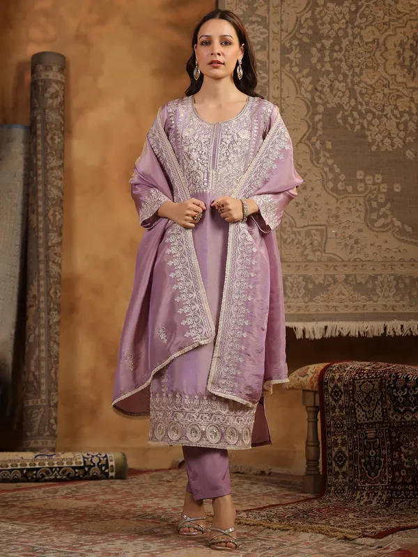 Lilac purple silk kurti set for festival