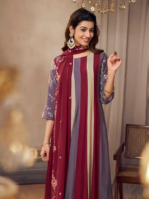 Lilac purple silk kurti set in printed
