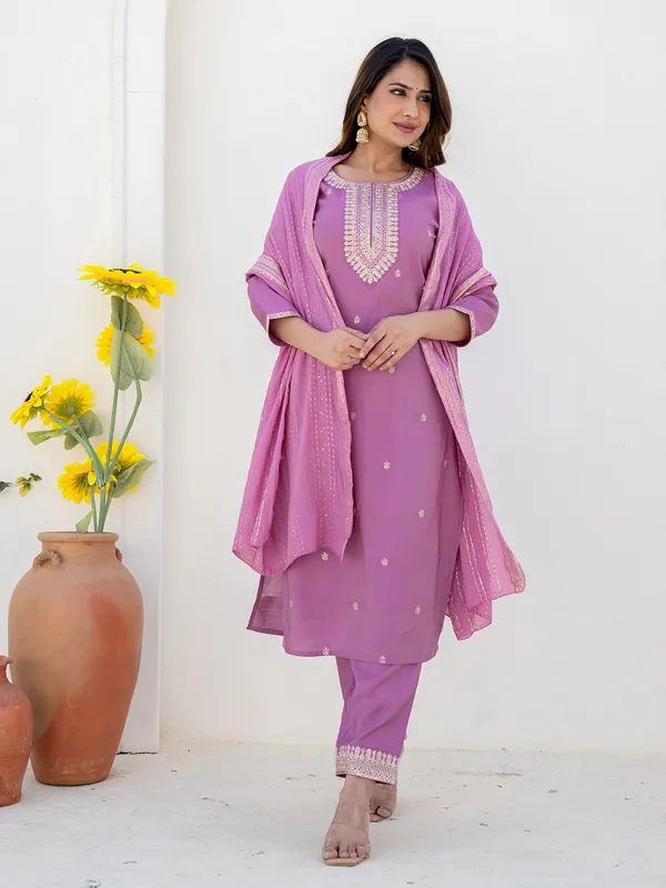 Lilac purple silk kurti set with embroidery work