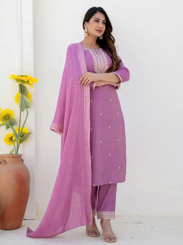 Lilac purple silk kurti set with embroidery work