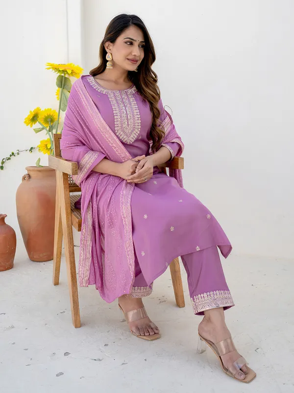 Lilac purple silk kurti set with embroidery work