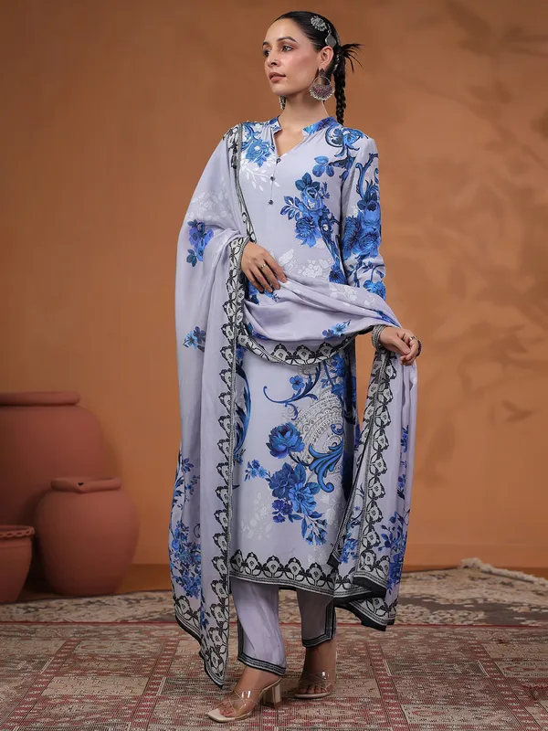 Lilac purple silk kurti set with print