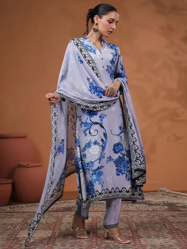 Lilac purple silk kurti set with print