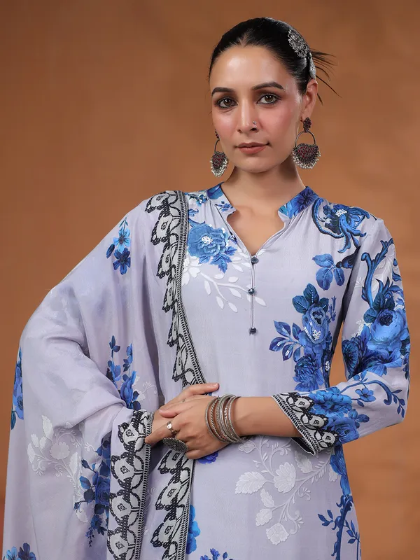 Lilac purple silk kurti set with print